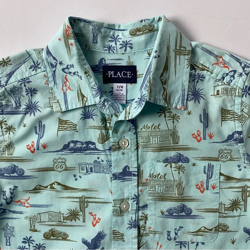 Children’s Place Hawaiian Shirt Size 7 8 Button Down Green Southwest Rt 66 EUC